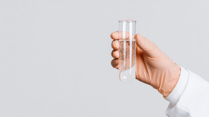 Scientist hand wearing glove holding clear test tube with transparent liquid and bubbles in laboratory environment with white background