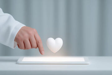 Hand gently touches glowing white heart floating above tablet on clean surface, symbolizing digital love, connection, and modern technology interaction