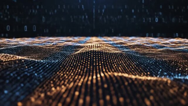 Abstract Digital Landscape with Flowing Orange and Blue Particles and Binary Code Background Dynamic Data Stream Visualization Futuristic Technology Concept