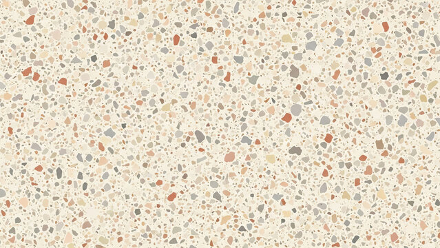 Seamless terrazzo pattern with a neutral beige background and scattered colorful chips