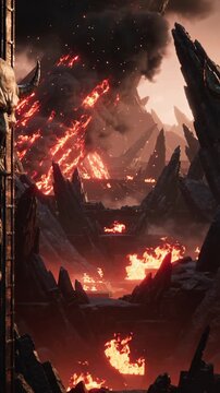 Demonic iron gates of Inferno opening to reveal volcanic hellscape with flowing lava and fire. Panning and tilting camera movement.