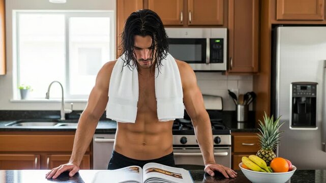 Shirtless man with towel around neck looking at book on kitchen counter next to fruit bowl