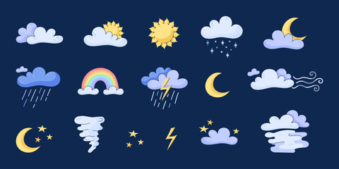 Obraz premium Set of weather elements. Hand drawn icons of the sun, clouds, rain, wind, thunderstorms, stars and moon. Weather forecast for mobile apps and websites. Doodle vector illustration On a dark background
