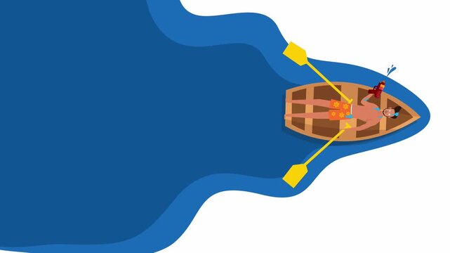 Person Rowing Small Wooden Boat In Dark Blue Water Top View