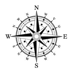 Classic compass rose illustration displaying cardinal directions with black and white tones