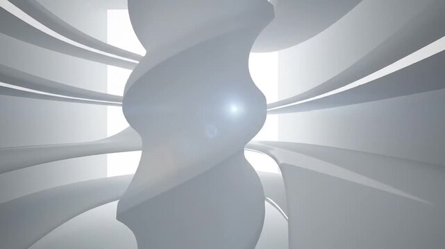 Futuristic white architectural interior with a swirling central column and bright ambient lighting creating a modern abstract smooth design
