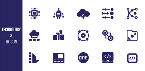 Obraz premium Modern technology and AI icons collection including cloud computing, robotics, and software development sym...