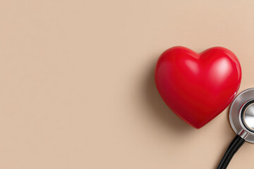Red heart model with stethoscope on beige background, symbolizing health care and medical checkup, minimal style close up flat lay image with emotional warmth and care