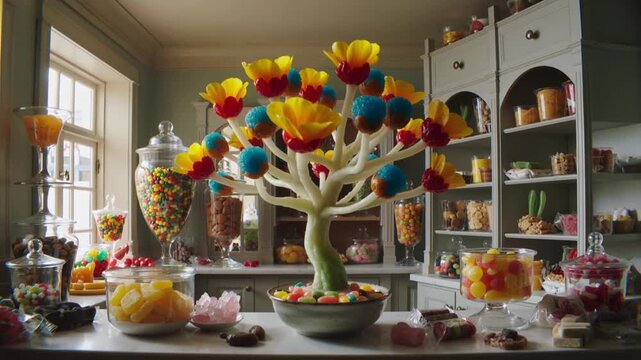 Vibrant candy tree growing from bowl of jelly beans in confectionery shop. Zoom out shot.