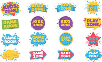 Fototapeta premium Kids zone and game room logo set with colorful playful badges for children entertainment branding vector illustration