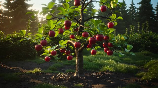 Apple tree growing rapidly from sprout to full maturity with ripe fruit. Time-lapse of plant development in sunny orchard. Tilting up wide shot.