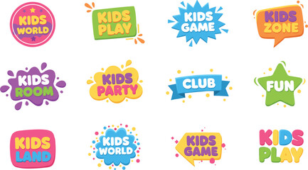 Kids play and party logo set with colorful playful badges for children entertainment education branding vector illustration © Mohammad