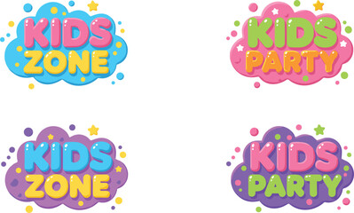 Kids zone and kids party logo set with colorful playful cloud badges for children entertainment branding vector illustration