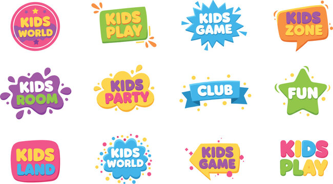 Kids play and party logo set with colorful playful badges for children entertainment education branding vector illustration