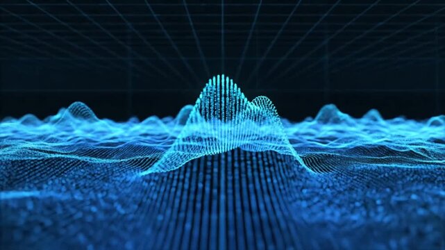 Abstract blue digital landscape with glowing particle mountains and a dark grid background evoking futuristic data visualization and technological advancement