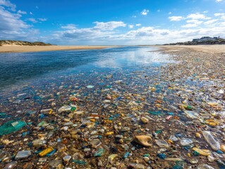a beach littered with plastic waste at the mouth of a coastal river 24 nature reserve of courant dhuchet landes france