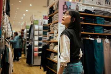 Young woman shopping for clothes browsing retail store racks