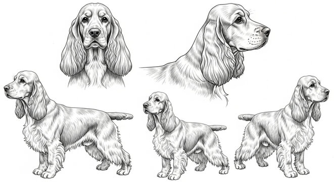 Detailed Hand-Drawn Cocker Spaniel Poses Vector Illustration Set: Realistic Sketch Art of Purebred Dog Head and Full Body Profiles for Pet Lovers and Breeders