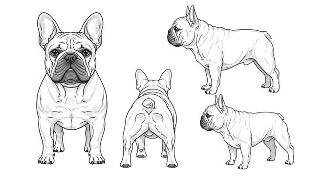 Detailed French Bulldog Line Art Vector Illustration Set showing Front, Back, and Side Profile Views. Perfect for breed guides, pet branding, and coloring pages.