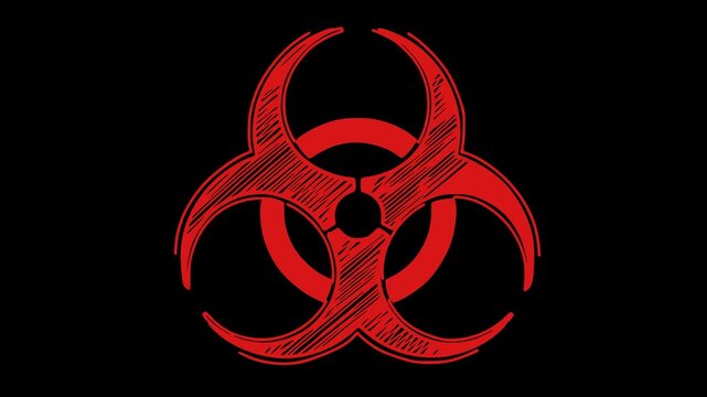 Hand-drawn red biohazard symbol animation with a boiling lines effect on a transparent alpha channel background. Perfect for medical, hazard, and virus-related content