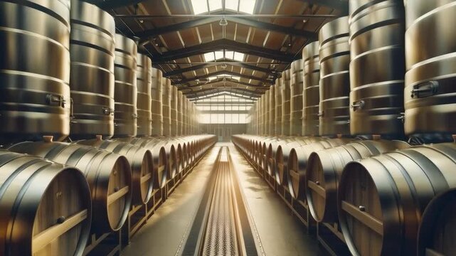Endless rows of barrels in the wine cellar emphasise the traditions and scale of production &mdash; an expressive backdrop for promotional materials about winemaking or gastronomic festivals.
