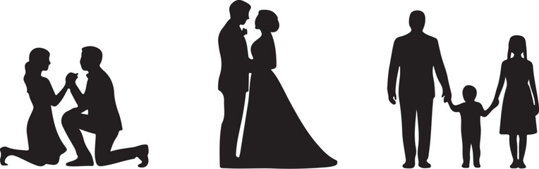 Silhouettes of couple proposing, wedding, and family holding hands