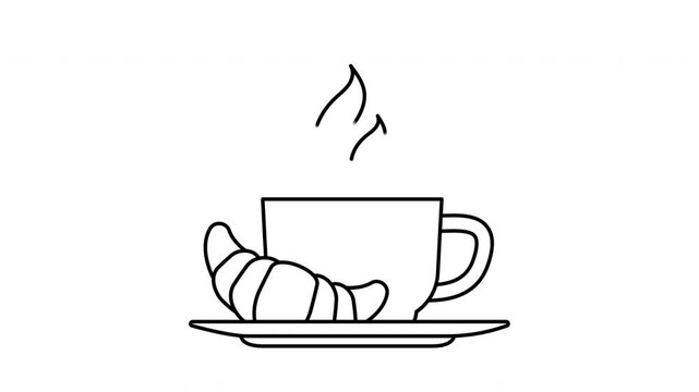 cup of coffee  and croissan line icon animation video footage