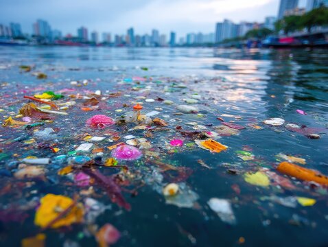 scattered rubbish floating on the surface of a calm city river