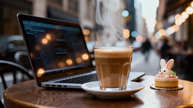 Easter Day Laptop and Steaming Coffee on a Cafe Table with a Bunny Dessert, Capturing a Relaxed Outdoor Work or Leisure Scene
