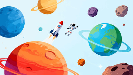 Astronaut in space with planets and rocket © Bo