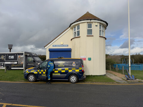 Bexhill on Sea -Sussex-UK- October 21,2025 - HM Coastguard station at Galley Hill , Bexhill on Sea with response vehicle parked outside