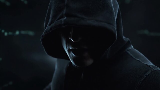 Cybercriminal in black hoodie surrounded by glowing digital code. Anonymous male hacker in dark environment with binary data stream. Panning medium shot.