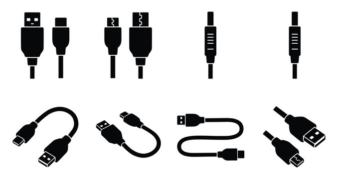 Collection of various black electronic connector and cable icons on a transparent background