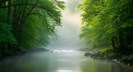 Obraz premium River flowing through lush green forest scenery with morning mist