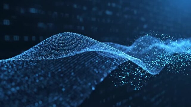 Abstract Digital Blue Wave Flowing Through Binary Code Data Stream In Dark Futuristic Network Background With Soft Bokeh Lights