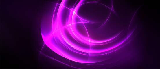 Obraz premium Bright purple abstract lines swirl against dark background. Dynamic energy radiates from central focal point. Smooth gradients create depth.