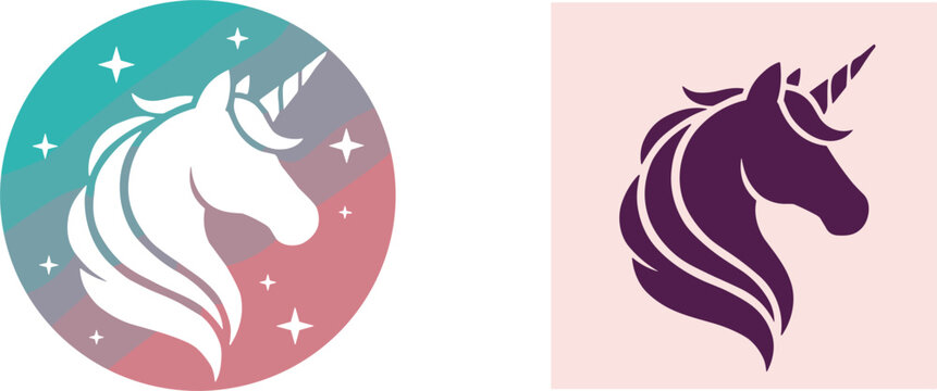 Unicorn head logo with gradient circle and minimal silhouette style for fantasy creative branding vector illustration design