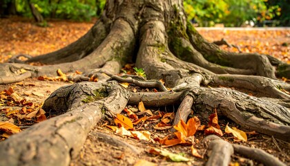 Exposed tree roots spread across the ground covered in fallen orange autumn leaves in soft, natural lighting