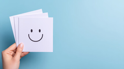 Obraz premium Smiling face card held by hand on blue background, minimal style close up editorial photo of hand holding smiley face card with cheerful expression