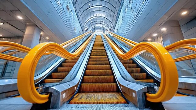Escalator Ascent: An upward-bound escalator offers a striking perspective, its yellow handrails leading the eye towards the ceiling of a modern building.