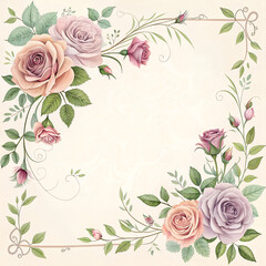 Romantic pastel frame with delicate roses and greenery, light neutral background, greeting card style