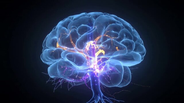 Digital brain model with glowing neural pathways and active synapses. Panning camera movement.