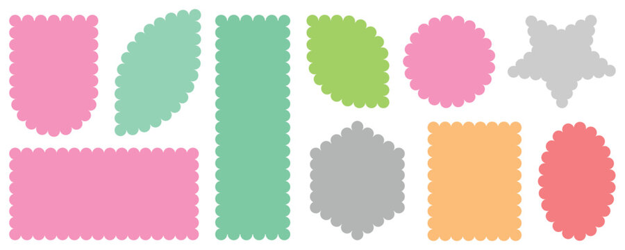 Different frames, Color rectangle frames with wiggly borders. Geometric shapes with scallop and zigzag edges set. Silhouette stickers circle, Wiggle Design Sign Background. Scalloped edge seamless set