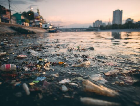 scattered rubbish floating on the surface of a calm city river
