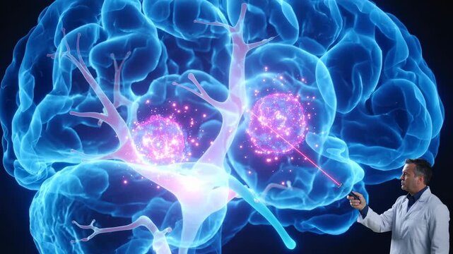 Medical professional pointing laser at digital brain model. Futuristic healthcare technology and neurology research. Static medium shot.