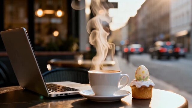 Easter Day Laptop and Steaming Coffee Cup with a Cupcake on an Outdoor Cafe Table in a Sunny City Setting