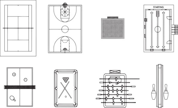 A detailed collection of top-down illustrations of popular sport courts and playing surfaces, meticulously drawn to provide a comprehensive look at various recreational game arenas.