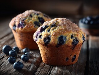two freshly baked blueberry muffins on a rustic wooden table one sprinkled with cinnamon set against a soft natural light