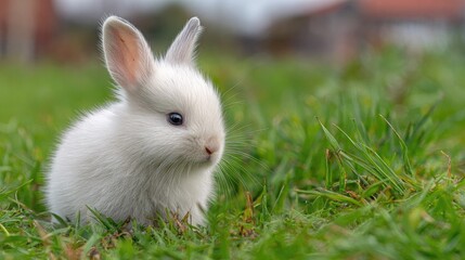 Fluffy white baby rabbit sits in green grass outdoors.