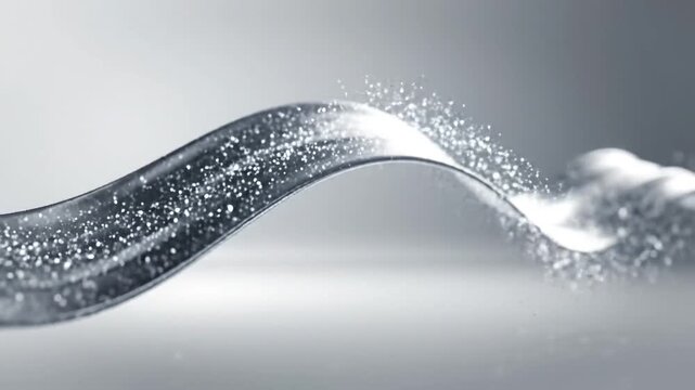 Abstract silver wave with sparkling particles flowing and swirling in a clean bright studio environment with soft lighting and a smooth gradient background symbolizing motion and digital data flow
